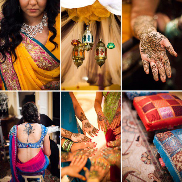 Bunn Salarzon - indian bride wearing gold sari and henna tattoos